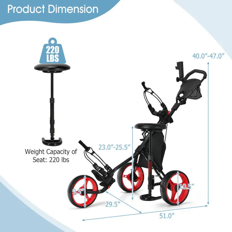 Golf Push Pull Cart with Seat, 3 Wheels Lightweight Foldable Golf Trolley, Collapsible Golf Cart with Foot Brake, Adjustable Umbrella Holder & 4-Position Height Handle