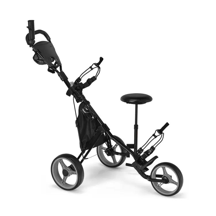 Golf Push Pull Cart with Seat, 3 Wheels Lightweight Foldable Golf Trolley, Collapsible Golf Cart with Foot Brake, Adjustable Umbrella Holder & 4-Position Height Handle