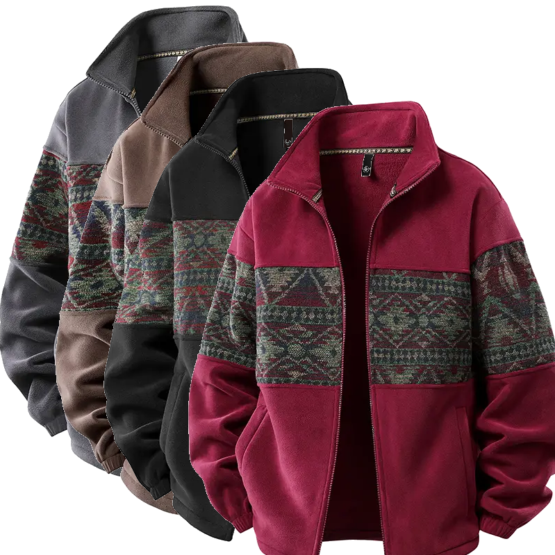 Men's Retro Ethnic Fleece Lined Zip Up Stand Collar Cardigan Jacket, 4-Pack