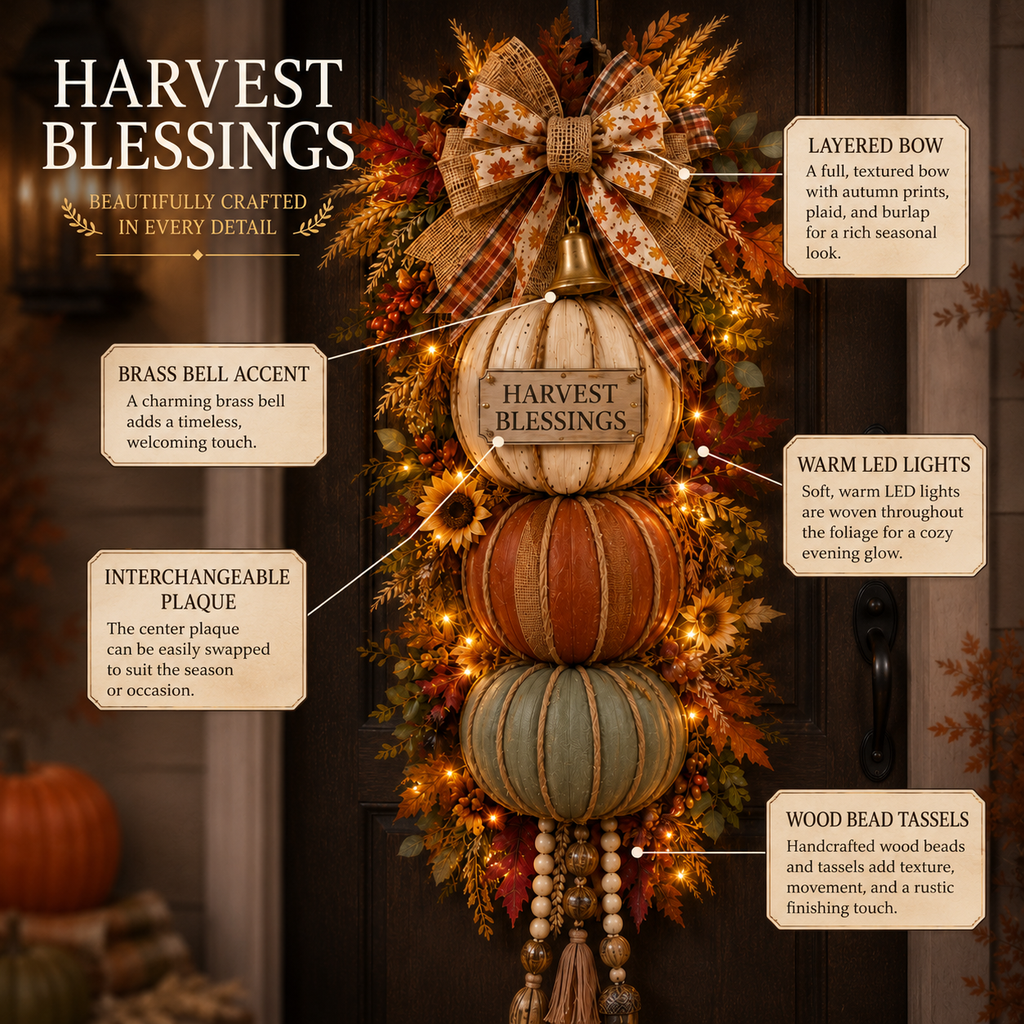 🏡🎃Lighted Stacked Pumpkin Fall Front Door Decoration, 3 Interchangeable Seasonal Plaques for Autumn, Halloween & Thanksgiving