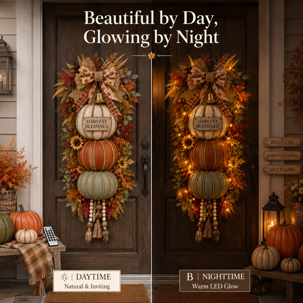 🏡🎃Lighted Stacked Pumpkin Fall Front Door Decoration, 3 Interchangeable Seasonal Plaques for Autumn, Halloween & Thanksgiving