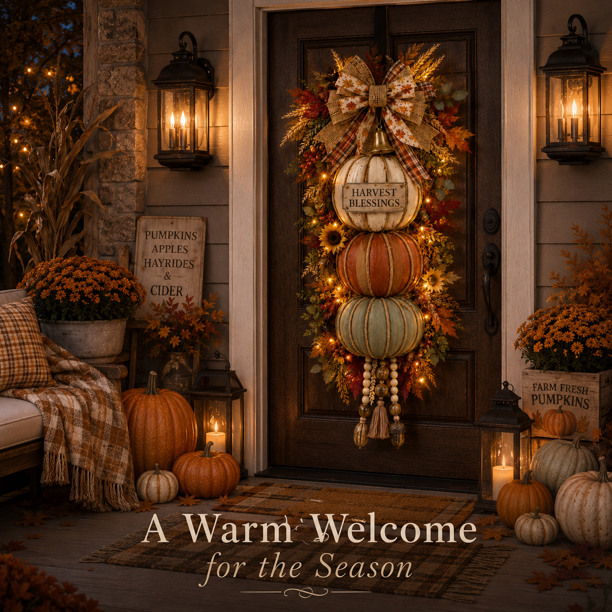 🏡🎃Lighted Stacked Pumpkin Fall Front Door Decoration, 3 Interchangeable Seasonal Plaques for Autumn, Halloween & Thanksgiving