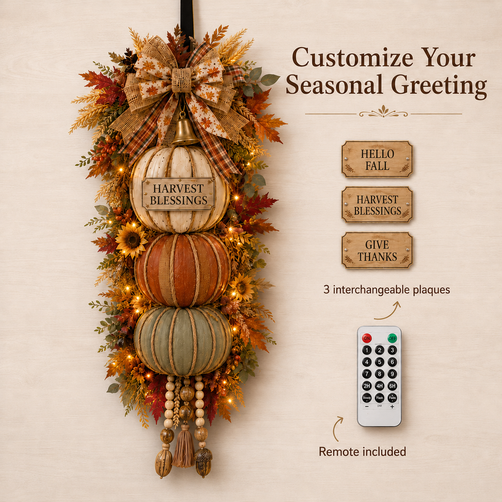 🏡🎃Lighted Stacked Pumpkin Fall Front Door Decoration, 3 Interchangeable Seasonal Plaques for Autumn, Halloween & Thanksgiving