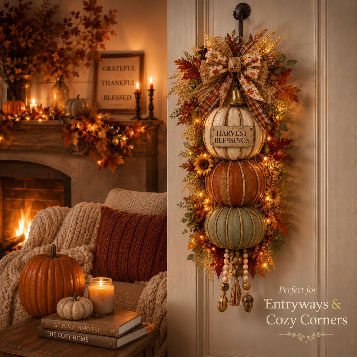 🏡🎃Lighted Stacked Pumpkin Fall Front Door Decoration, 3 Interchangeable Seasonal Plaques for Autumn, Halloween & Thanksgiving