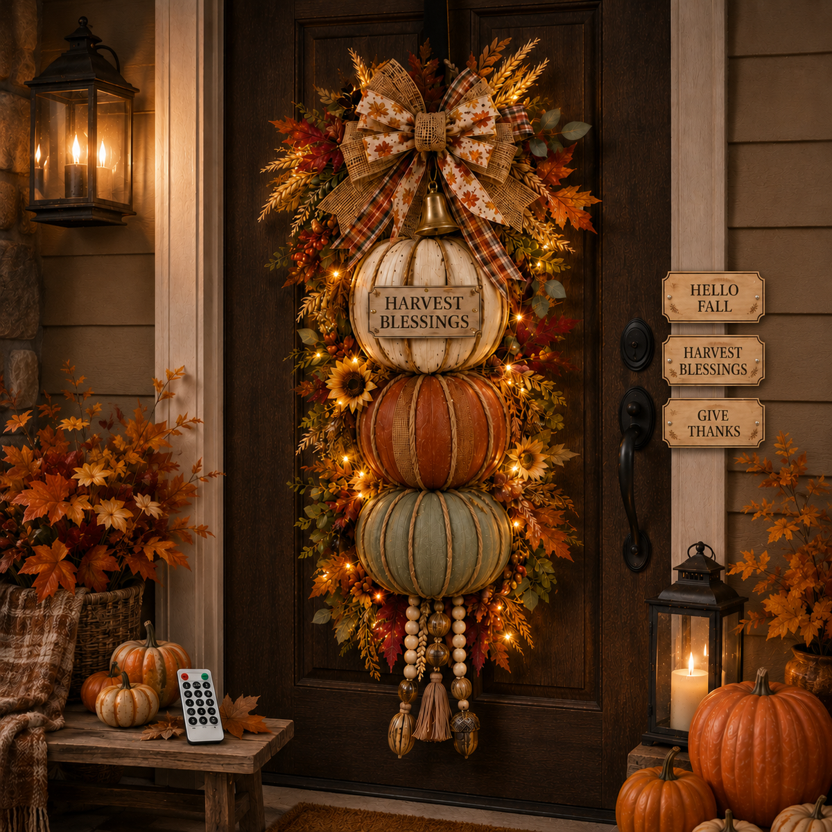 🏡🎃Lighted Stacked Pumpkin Fall Front Door Decoration, 3 Interchangeable Seasonal Plaques for Autumn, Halloween & Thanksgiving
